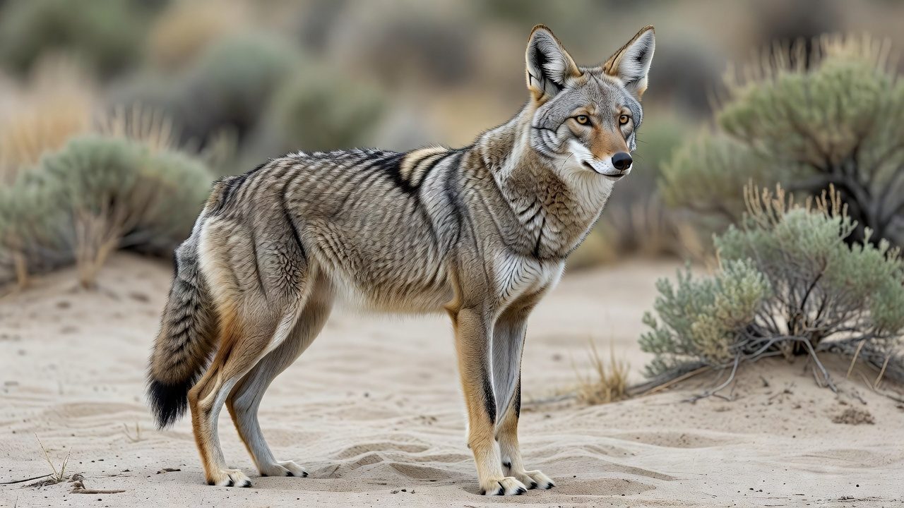 Adult coyote in three-quarter profile standing on sand — educational anatomy reference